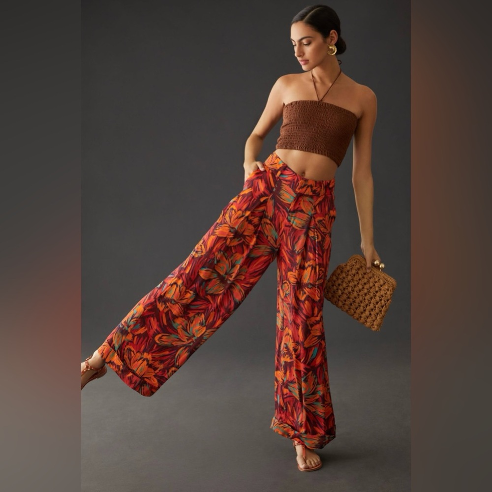 Farm Rio Pleated Wide-Leg Pants in Red Motif